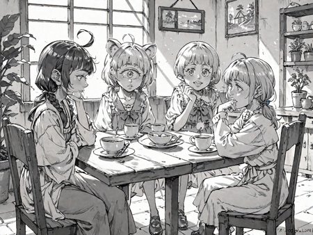 3girls ahoge animal_ears aqua_eyes aqua_hair blue_hair braid brown_eyes brown_hair buck_teeth chair cup cyclops fantasy green_eyes head_rest holding holding_cup looking_at_another low_twintails mouse_ears multiple_girls one-eyed plant potted_plant short_twintails sitting table teacup teeth twintails
, <lora:Berserk:0.8>, score_9, score_8_up, score_7_up, zPDXL3, monochrome, greyscale