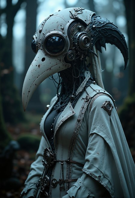 Masterpiece, 8k, HDR, best quality, photography, analog film, real life, extremely beautiful, highly detailed, intricately detailed, dramatic. famous artwork by Ingrid Baars and Eric Lacombe steampunk. low angle shot. intense photo. portrait of A female plague doctor in traditional attire looks directly into the camera. goggles. She wears an ornate immaculate white robe, and her iconic (long  beaked mask:1.9) is also entirely white, its curved form adding a ghostly elegance to her presence. studio lighting, graveyard background. hyperdetailed photography, masterpiece, best quality, high quality, highres, ultra-detailed, best quality, 8K, high resolution, extreme detail, outstanding composition:1.4, professional photo 85mm lens for elegant body lines and fine skin detail with sharp subject, (dramatic backlighting:2.2), eerie fog, dark shadows, soft glowing highlights, haunting contrast, mystical aura, high contrast, ominous mood <lora:FluxMythP0rtr4itStyle.safetensors:0.5>, mythp0rt <lora:- Flux1 - vanta_black_V1.0.safetensors:0.5>,  <lora:aidmaMJ6.1-FLUX-V0.1.safetensors:0.5>, midjourneyv6.1 ArsGreenMistWorld