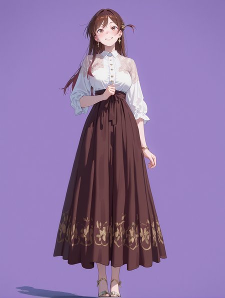 masterpiece,best quality,amazing quality,very aesthetic,absurdres,newest,
front view,full_shot,Rolling eyes with a grin,
ChinoseChizuruCYQL,1girl,solo,brown hair,long hair,bangs,brown eyes,large breasts,Elaborate tulle dress with cascading floral embellishments,
full body,standing,covering_mouth,,
purple background,simple background,
EtherStyle,qxys,usnr,748cmstyle,<lora:spo_sdxl_10ep_4k-data_lora_webui:0.6>,<lora:illustrious_all_rated_v1:0.7>,<lora:laser_light_clothes_v0.5-pony:0.5>,<lora:holographiccolor:0.6>,<lora:EtherSDXL:0.8>,<lora:ChinoseChizuruCYQL:1>,