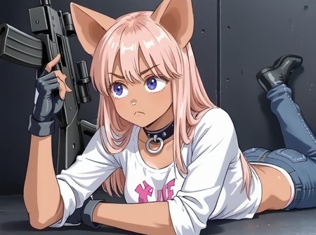 detailed background, shiny skin, rating safe, 
<lora:zairose.pony:1>,
zairose, 
lying, on stomach, holding rifle, aiming, frown, 
casual fashion,
 white shirts, jeans,