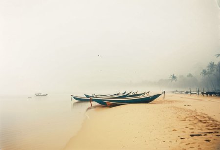 lith_argenta_argenta_nn112w, instagram photo, a foggy beach with some boats in sri lanka, hard shadows, film grain