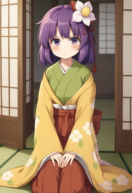 1girl, solo, akyuu, hieda_no_akyuu, touhou, hair_flower, green_kimono, long_sleeves, wide_sleeves, white_flower, red_skirt, yellow_kimono, floral_print, hands on own knees, blush, emotionless, sitting, looking at viewer, Japanese room, tobira, slide door, upper body