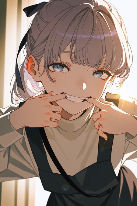 masterpiece, best quality, absurdres, safe
1girl, lapwing, grey hair, grey eyes, ponytail, hair ribbon,
pinafore dress, strap, turtleneck,
[claw pose, ::0.15] mouth pull, clenched teeth,
leaning forward, 
smile, backlighting, lens flare, 
yoneyama mai, 
johnkafka,
<lora:lapwing_il_2_d16:1>