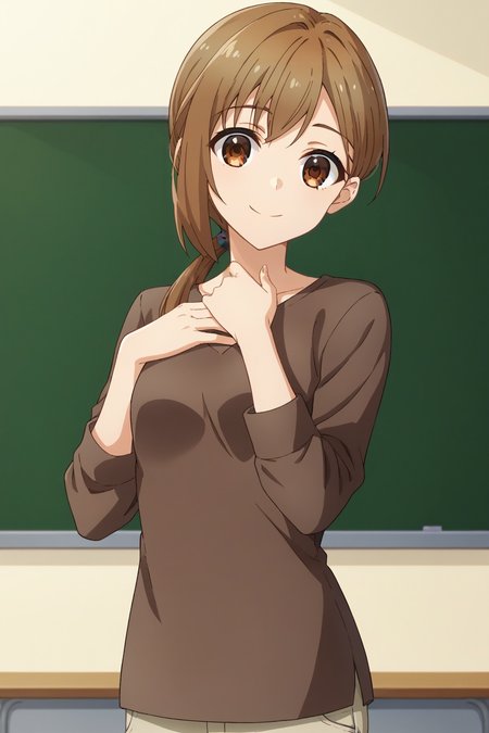 score_9, score_8_up, score_7_up, source_anime, 1girl, prefect lighting, very aesthetic, intricate details, highly detailed background, masterpiece, high quality, prefect hands, best quality, solo,
<lora:Ukai_My_Deer_Friend_Nokotan_V1:.85>, KJOukai, brown hair, brown eyes, low ponytail, 
brown shirt, medium sleeves, beige pants,
cowboy shot, dutch angle, hand on chest, smile, head tilt, 
classroom, 
(Beautiful, small Breasts:1.2), natural breasts,