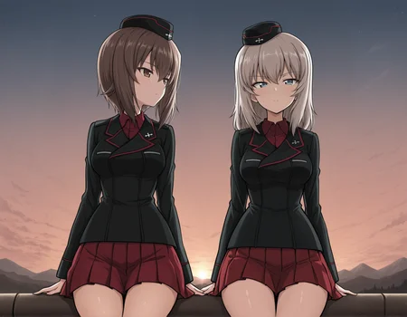 masterpiece,best quality, absurdres, highres,  outside, evening, BREAK <lora:Maho Nishizumi illu:1> mahoillu, dress shirt, kuromorimine military uniform, black jacket, insignia, garrison cap, long sleeves, red pleated skirt, <lora:erika illu:1> erikaillu, kuromorimine military uniform, garrison cap, black jacket, red shirt, dress shirt, insignia, red skirt, wing collar, looking at viewer,