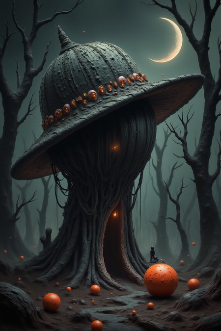 yfg-sm0rg, A hat, set in a dark, eerie landscape with barren trees and a crescent moon, featuring scattered orange spheres and a small figure in the foreground, emphasizing the unsettling, nightmarish quality with bold contrasts of dark and bright colors, and detailed textures enhancing the creepy with intricate textures and vibrant colors. The scene should include a rich variety of elements, each contributing to the overall atmosphere. Lighting should be soft, diffused, and natural, enhancing the depth and realism of the scene. The mood is to be calm yet vibrant, creating a sense of serenity and wonder. Every detail in the scene should be meticulously rendered, emphasizing the contrast between light and shadow, and capturing the fine textures and subtle gradients. The color palette should be carefully chosen to evoke emotion, with each hue enhancing the aesthetic appeal of the overall composition. The final image should be immersive and captivating, drawing the viewer into its intricately detailed world.