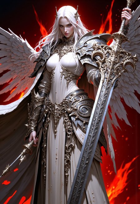 This is a highly detailed digital artwork in a fantasy style, featuring a striking female figure radiating an ethereal, otherworldly presence. She wears a flowing, white medieval robe adorned with intricate silver attachments, each crafted with delicate, ornate patterns reminiscent of divine craftsmanship. The silver shoulder plates curve gracefully over her form, while a waist chain with elegant filigree accents cinches the robe, and a breastplate with mesmerizing, intricate engravings enhances her majestic aura. The robe is modest yet imposing, concealing her figure while exuding an air of authority and dignity. Her long, straight white hair cascades over her shoulders, framing her flawless, porcelain-white skin and drawing attention to her piercing, confident gaze. In her right hand, she wields a large, ornate sword with a gleaming silver blade etched with intricate patterns, its hilt wrapped in shimmering silver cords. Large white feathered wings extend majestically from her back, adding to her celestial yet commanding presence. The background is a deep, glowing crimson red, intensifying the contrast between her luminous white form and the rich, fiery atmosphere. The interplay of light and shadow enhances the surreal beauty of the scene, creating a divine yet powerful aesthetic. **HD, ultra-detailed, 8K quality, masterpiece artwork.**