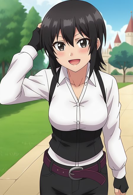 score_9, score_7_up, hd, (ultra hd quality details), source_anime, outdoors, castle,
solo, 1girl, black hair, elnakakushi, medium breasts, anime screencap,
white shirt, long sleeves, collared shirt, black vest, black gloves, fingerless gloves, belt, black pants,
looking at viewer, blush, smile, open mouth, 
standing, dutch angle, hand in own hair, 
<lora:_elna_stongs-elesico-ponyv2-rev4:1>