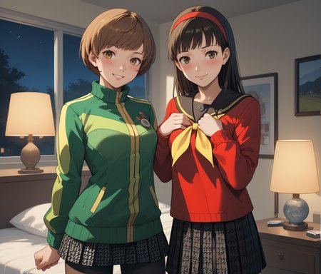 score_9, score_8_up, score_7_up, <lora:cfgScaleBoost:0.4> <lora:Expressive_H:0.8> expressiveh, 2girls, indoors, bedroom, night, standing, line-up, facing viewer, cowboy shot BREAK
<lora:zs_ChieXL:1> chiedef, brown hair, short hair, brown eyes, track jacket, green jacket, badges, skirt, houndstooth, bike shorts, smile, blushing, hands behind back BREAK
<lora:p4amagi-ill:1> p4amagi, Amagi Yukiko, long hair, pleated skirt, houndstooth skirt, black hair, bangs, red cardigan, hairband, serafuku, yellow neckerchief, black pantyhose, shy smile, blushing, hand on own chest, shy pose