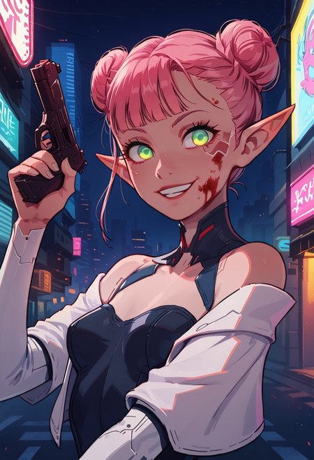 safe_pos, (masterpiece), highest quality, upper body, 1girl, sexy elf woman, pink hair, double bun hair, bangs, perfect detailed glowing green eyes, beautiful detailed face, slim, small breasts, leotard with puff jacket, (evil smile), blood on face, (holding pistol), dynamic pose, cyberpunk, futuristic, outdoors, night, city street, neon signs, food vendor, detailed background