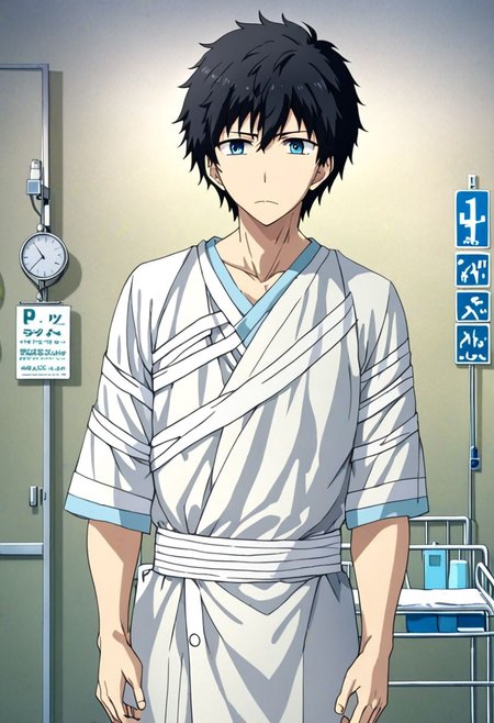 high resolution, solo, best quality, 1Boy, Arata Kaizaki, Black Hair, Blue Eyes, bandage, patient, hospital, OverallDetail