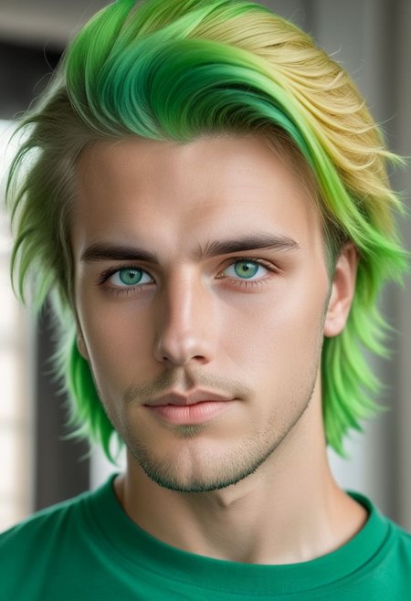 aszkstzz, realistic, solo, 1boy, male focus, facial hair,  looking at viewer, green hair, shirt, depth of field, green shirt, stubble, two tone hair, multicolored hair, portrait, blonde hair, green eyes, blue eyes,  hyperdetailed photography, soft light,   cinematic angle, masterpiece, best quality ,