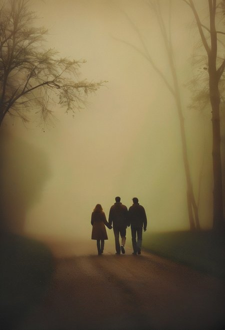 masterpiece, extremely detailed, a moody candid image of a couple walking hand in hand through a foggy park, the mist and muted colors create a sense of isolation and quiet intimacy, realistic, HD, retro film, film grain, OverallDetailXL
