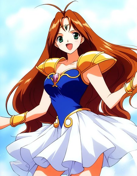 score_9, score_8_up, score_7_up, source_anime, rating_explicit, BREAK <lora:Tanima_Yuri_XL:1>Tanima_Yuri, 1girl, solo, long hair, brown hair, green eyes, antenna hair, breasts, 1990s (style), anime coloring, smile,
solo, armor, shoulder armor, open mouth, purple jewelry, purple gem,
pauldrons, shoulder pads, skirt, collarbone, white skirt, bracelet, blue eyes, 
dress, circlet, very long hair, looking at viewer, upper body
day, sky, outdoor,
