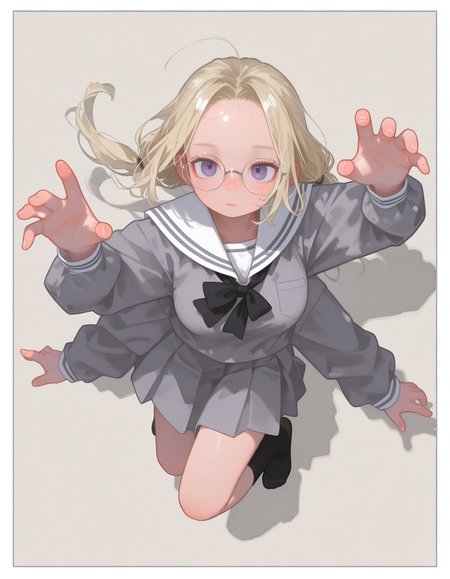 masterpiece, best quality, 32k, high resolution, absurdres, HD32k, masterpiece, high detail, extremely detailed, detailed linework, dynamic composition, (realistic), flat color,
1girl, solo,  expressionless ,
low twintails ,
blonde  hair,
purple  eyes, forehead ,
,
victorian style grey  japanese school uniform, pastel grey  vertical background, popping out of background, full body, jumping, [[[[arms stretched]]]], dynamic pose, black socks ,
white thick border,
from above , large breasts ,
((4 arms)), rimless large round glasses
0__11Xx_illu, bW9t, fl4t,
<lora:96YOTTEA-WAI:0.6>
<lora:Dramatic Lighting Slider:1.6>
<lora:0__11Xx:0.4>
<lora:fl4t:0.4>
<lora:MomoSweetSpaceILL:0.24>
<lora:c_:0.75>