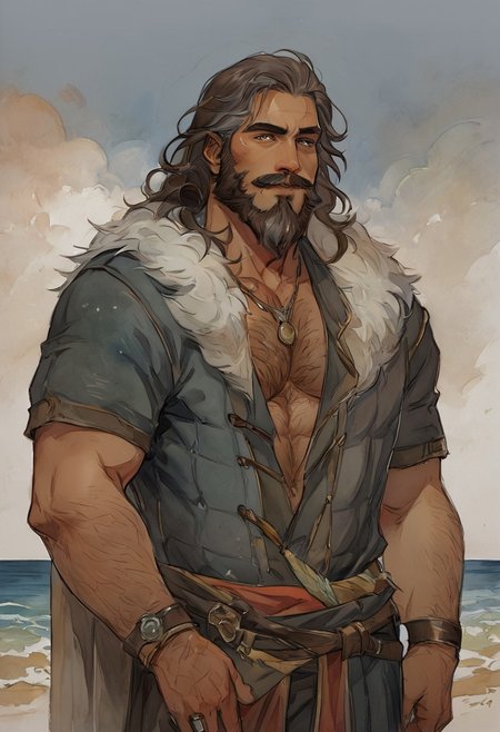 score_9, score_8_up, 1boy, solo, IfanBM, mature male, tan skin, facial hair, muscular, aging, DILF, ((beard)), facial hair, moustache:.3, ((brown hair, grey streaks)), ((grey streaks)), long hair, wavy hair, ((fantasy style clothing, fur-trim)), (beach paradise), watercolor \(medium\), traditional media, hairy chest, very hairy, dutch angle, Expressiveh, smirk, lips slightly apart, sexy posing, ((fantasy clothing)), jewelry, rings, manly, necklace, bracelet, dynamic pose,
