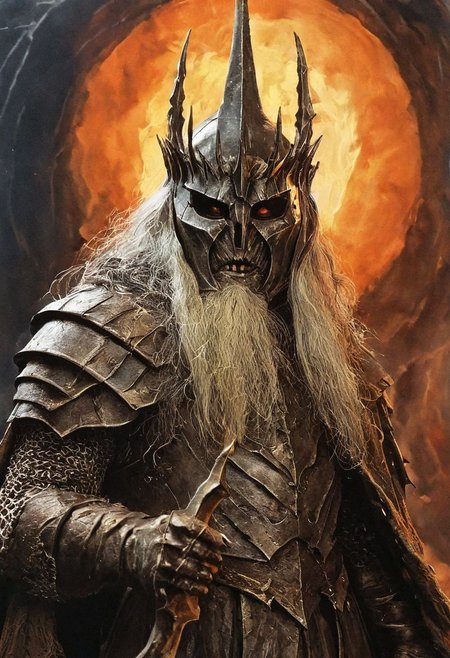 Ellis-RealismBoost, Close Up detailed photograph of the Witch King from The Lord of the Rings, perfect saturation, standing in Mordor, color photography, vintage, eye of sauron background, masterfully top lighted, masterful painting in the style of Anders Zorn | Marco Mazzoni | Yuri Ivanovich, Todd McFarlane, Aleksi Briclot,