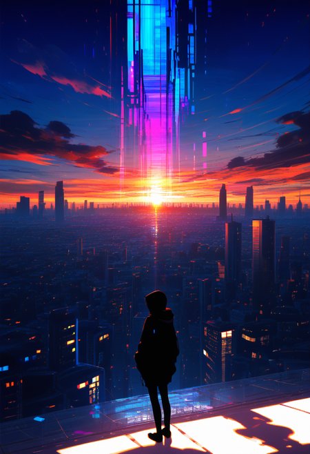1girl, hoodie, city, sky, sunrise, backlighting, horizon, (glitch art, silhouette art:1.2), radial, chromatic aberration, multiple others silhouette background,  score_9, score_8_up, score_7_up,