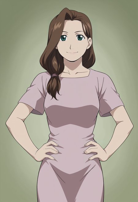 <lora:Trisha_Elric-Fullmetal_Alchemist:0.85>,Trisha,mature female,1girl,solo,brown hair,green eyes,long hair,hair over shoulder,dress,cowboy shot,hands on own hips,looking at viewer,smile