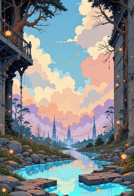 The Iridescent Cloud Temple
A suspended sanctuary, where temple ruins float among glowing clouds, their golden vines creeping over translucent crystal structures. The sky is an endless sea of lavender, peach, and electric blue, reflecting in the smooth marble pools that dot the garden. Gravity-defying lanterns drift lazily through the air, their gentle pulse mimicking the rhythm of a soft synth melody. The air smells of sage, ozone, and morning dew, carrying the faint hum of a celestial harp playing somewhere in the distance.