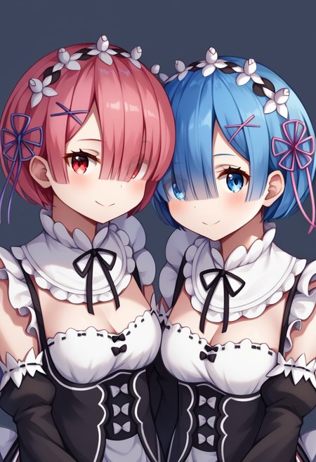 score_9,score_8_up,score_7_up,<lora:ram_rem_pony:1>,2girls,  blue_eyes, blue_hair, blue_ribbon, cleavage, dated, detached_sleeves, frills, hair_over_one_eye, hair_ribbon, looking_at_another, maid_headdress, medium_breasts, photoshop_\(medium\), pink_hair, pink_ribbon, ram_\(re:zero\), red_eyes, red_ribbon, rem_\(re:zero\), ribbon-trimmed_clothes, ribbon-trimmed_collar, ribbon-trimmed_sleeves, roswaal_mansion_maid_uniform, short_hair, sisters, smile, twins, x_hair_ornament