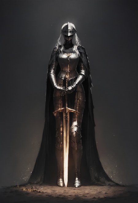 score_9, score_8_up, score_7_up,  female, full body, dark knight, long white hair, beautiful face, bulky, heavy, helmet, visor helmet, medieval, dark theme, armor, giant golden sword, golden trim, black cape  <lora:pony/concept_art_ultimatum_style:0.8> <lora:sdxl/sinfully_stylish_sdxl>
