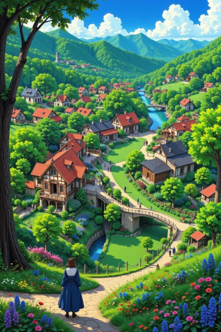 village beautiful  landscape, day, woman, very intricate, very detailed, sharp, bright, colorful, <lora:Hand v2:0.5> <lora:Anti-Blur:1><lora:Insane Detail Slider:0.25>  <lora:flux.1_lora_flyway_Epic-detail_v2:0.3> <lora:fluxenhancer:0.25> <lora:Anime_style:0.6> anime style