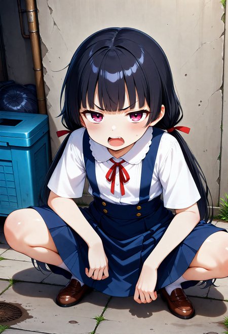 masterpiece, best quality, high quality, highres, absurdres, insanely detailed, amazing quality, very aesthetic, newest,  Anime screencap, zPDXL3, sfw
<lora:Hyper-SDXL-8steps-lora:1> <lora:StS-Illustrious-Detail-Slider-v1.0:3>
1girl, solo, black hair, bangs, Straight bangs, blunt bangs, hime cut, long hair, straight hair, low twintails, long pigtails, hair tie,
dress, blue dress, white blouse, neck ribbon, bule ribbon, suspenders, suspender skirt, white socks, shoes, Loafer
<lora:slav_squatting_pony_IL_v1:1>
slav_squatting, squatting, half-closed eyes, angry, frown, glaring, shouting, open mouth, pov, looking at viewer, front view,
outdoor, Alley, slum, cobblestone floor, Dirty floors littered with trash, Graffitied wall,