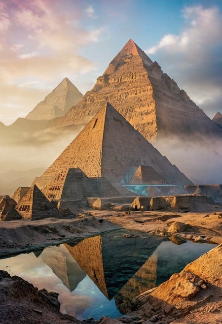 their peaks veiled in mist. mixed media, surrealism, great lighting, A surreal landscape highly detailed . extremely high-resolution details,  appears trapped in an optical illusion of reflections and refractions colorful , great pyramids build on ountains, professional photography, natural lighting, volumetric lighting maximalist. intricately detailed, complex, elegant, expansive, fantastical, film photography style,  medium grain