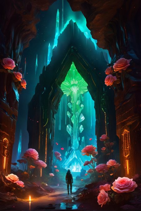 giant a luminous cavern, where giant crystals jut out from the walls and floor, their surfaces glowing faintly, illuminating the dark, subterranean space.  Art painting by Roberto Bernardi and Jesper Ejsing , featured on Fiona Staples, ,Photon entanglement dusk linking architectures, Autumn acorn caches securing quantum squirrel networks , neo victorian_void, Abyssal trench shrine with leviathan bone arches,Gamma-ray auroras ionizing cloud code,Quantum foam sparkling in space between pixels, Glass-brain library leaking traumatic memories, Cirrus fibratus radiatus converging at space elevator apex, rust-alchemists transmuting corrosion patterns, biorhythm gradients -organic clockwork,, <lora:Glowing_Neon_Cyberpunk_XL:0.15> Glowing Neon Cyberpunk, <lora:vivid_everclear:0.15> 
,<lora:betmd2:0.3> betmd, Clovers, roses, flowers, colorful, levanders, <lora:add-detail-xl:0.5>, <lora:linquivera:0.3> linquivera, liiv1, <lora:detailed_notrigger:0.7>,
