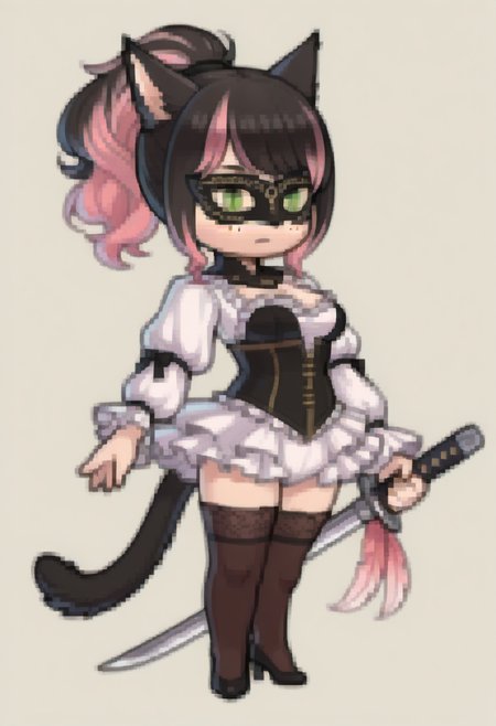 masterpiece, best quality, solo, 1girl, <lora:clamchan_illu:1> animal ears, black hair, pink hair, multicolored hair, ponytail, green eyes, slit pupils, freckles, cat tail, <lora:Feh-Sprites-illus_Fp:1> simple background, chibi, full body, masquerade mask, feather, corset, frills, thighhighs, heels, holding katana