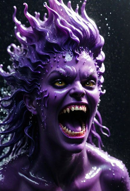 , The play of light on their hair and face, adds a touch of horror turning ordinary droplets into a symphony of aquatic terror, dancing in the realm where water meets its domonic appocalypse , awesome full color, full-body angle, purple DEVIL SPAWN
