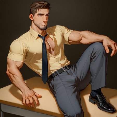 <lora:Dr._James_Possible_Kim_Possible-000008:.7> 1boy, male, male focus, solo, mature, brown hair, short hair, black eyes, yellow shirt, black tie, collared shirt, belt, grey pants, black shoes, hairy chest, bara, muscular, large pectorals, large biceps
(very short hair, beard, bara, mature, facial hair, stubble, beard, full beard, sideburn, beard, a lot of beard, ), facial hair,male focus, muscular male, muscular male, bara, mature,  bara, mature, aixiwuganda_(20222192), very awa, masterpiece, best quality, absurdres, newest, perfect quality, detailed background, intricate details,
<lora:slider_Body Type_alpha1.0_rank4_noxattn_last:3><lora:style_Anime Summer Days 2 Style SDXL_LoRA_Pony Diffusion V6 XL:.6><lora:slider_cfg_scale_boost:.7><lora:face_Artist6p-10:.55>, Artist6p, Artist04p,<lora:slider_il_brightness_slider_d1:-1><lora:slider_il_contrast_slider_d1:-1><lora:slider_DarkSlider1.2_alpha1.0_rank16_full_300steps:-.6>