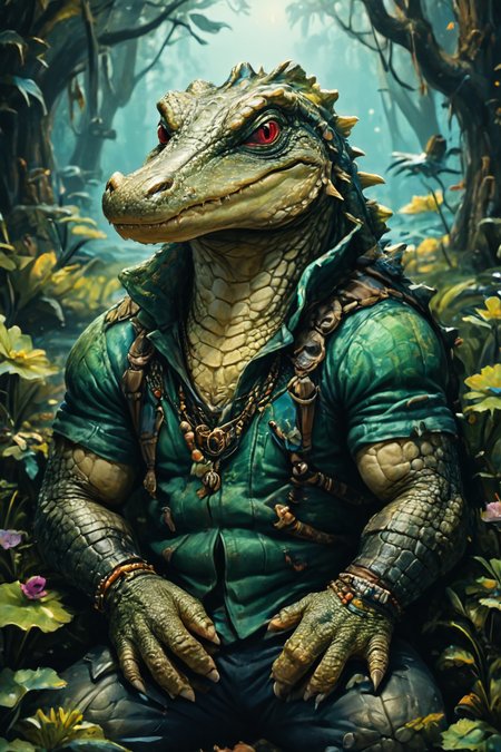 Detailed digital portrait of an anthro Alligator (Resting on elbows, relaxed charm) at a Bioluminescent forest in perpetual twilight, <lora:xl_more_art-full_v1:0.5>,  <lora:The_Crazy_Style:0.7> <lora:anthro_muscular:0.7>