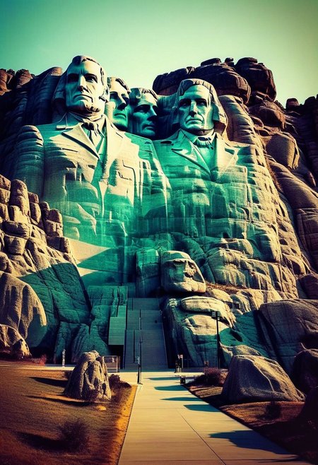 ()Hyoer Realistic:2.0)Polaroid picture 
 (Cyberpunk future theme:1.67) The Mount Rushmore National Memorial is a national memorial centered on a colossal sculpture carved into the  the Black Hills near Keystone, South Dakota,
