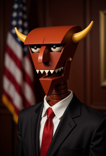 Professional presidential angled photo portrait of a red robot named beelzebot, with a US flag in the background and dark wood paneling. He is wearing a suit and a red tie and has a wry smile.
