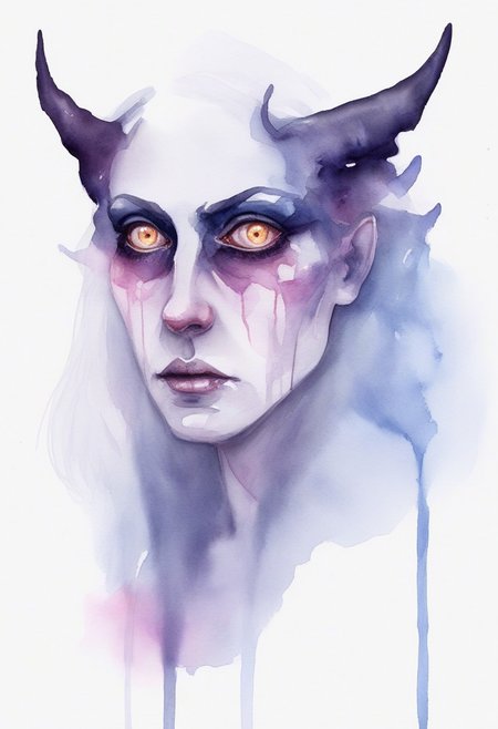 watercolor, watercolour,
dynamic side view of a lethal demonic mistress with the most beautiful face with glowing eyes, looking at viewer, infernal