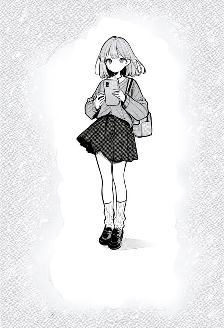 1girl, greyscale, monochrome, skirt, solo, bag, loafers, holding, shoes, socks, holding phone, plaid,
kzit,
