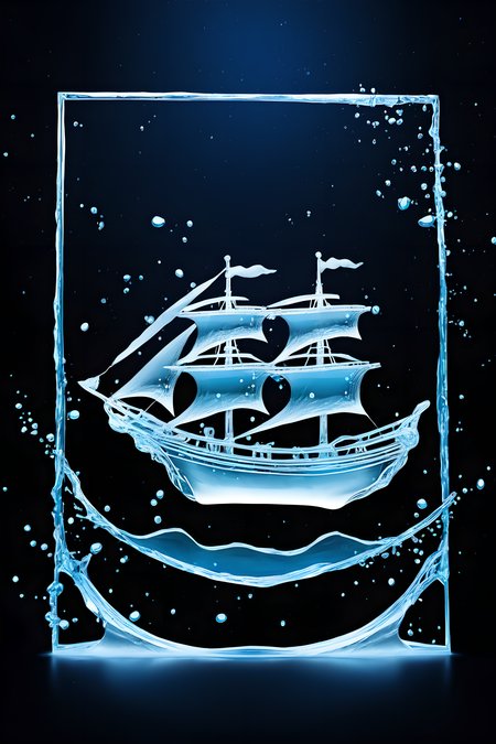 3D papercut shadow box of ship (made of water:1.4) flying through magical night sky, dark,  <lora:watercd_xl-000008:0.8> watercd_xl, layered, dimensional, depth, silhouette, shadow, papercut, handmade, high contrast