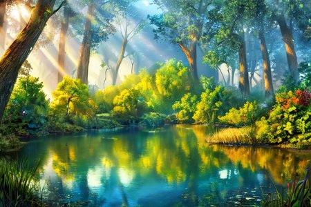 (masterpiece:1.2), (best quality,:1.2), 8k, HDR, ultra detailed, ((photorealistic)), professional light, cinematic lighting, fashion photography, ambient lighting, face lighting,  <lora:detail_slider_v4:4.>, a small lake in a forest, sunlight, godrays, reeds, FanFo, <lora:FantasyForest-10:0.9>, epiCPhoto