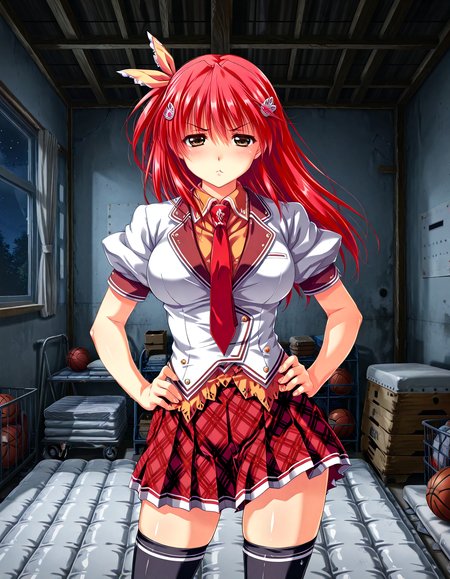 (1girl, solo:1.3), (2girls, 3girls, 4girls, multiple girls, 2boys, 3boys, 4boys, multiple boys:-1.5) <lora:Kohinata_Yuuka_Koi_Mekuri_Clover_Illustrious:0.9>, kohinata_yuuka, large breasts, brown eyes, red hair, long hair, bangs, hair between eyes, hair ribbon, hair ornament, school uniform, red necktie, necktie, plaid skirt, thighhighs, (pout:0.7), (half-closed eyes:0.7), general, contrapposto, dynamic pose, hands on own hips, upper body, straight-on, pov, , indoors, gym storeroom, dark room, messy room, concrete, (gray theme:1.3), one basketball \(object\), piled mattress, (window:-2.0), flashing, <lora:NOOB_EPSv1_1_detailer_by_vlnvk_v1_0:1.5>, (photo background:0.7), night, (tachibana yuu:0.6), inue shinsuke, (kazuma muramasa:0.0), saikawa yusa, (aoi manabu:0.6), abarerumidori, (suzui narumi:0.6), masterpiece, newest, absurdres, 8K, anime screenshot, anime coloring, flat color, official art, film grain, <lora:illustriousXLv01_stabilizer_v1.185c:0.7>, <lora:LECO_Solo:-4.0>,