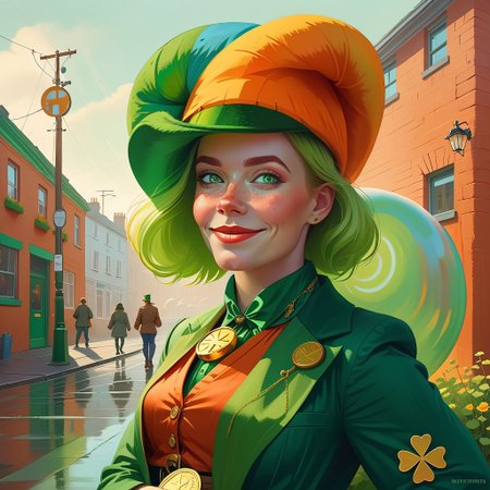 Front 3/4 view portrait IRELAND themed Picture illustration of a
hilariously happy androgynous 25yo woman happily hugging a
massive, translucent, multicolor, human-sized leprechaun-shaped thing.
The woman is looking straight to the viewer with charming eyesight, and sensually parted lips.
The lips are ireland themed.
Celtic symbols, golden coins, quarterfoils and St. Patrick's Day elements are scattered all around.
Many details everywhere. Ray-Tracing. Anti-Aliasing. Realistic reflections. Realistic soft shadows. Ironic.
Spiritual.
Partially introspective.
Uplifting.
Slightly desaturated colors. 
Visible paint strokes.  
Insane quality. Insane resolution. Insane details. Masterpiece. 
By Simon Stalenhag.
16k resolution