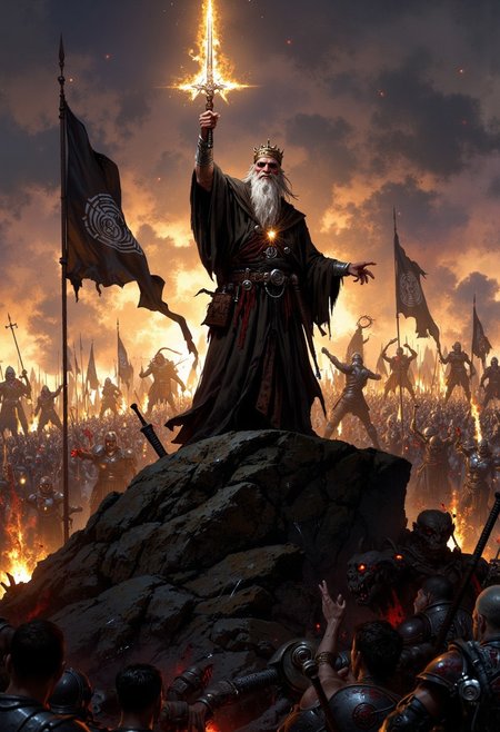 At the top of a hill, a blinded and frail elderly wizard wearing loose black robes, a simple crown upon his head, and a blindfold covering his eyes, stands proud and commanding, he holds a glowing sword up to the sky, the blade has an aura of golden light that flashes across the scene, flinging shards of light in all directions.  Behind him hangs a tattered black banner.   Below him, fighting around the hill, men, demons, beasts and armies clash, blood, gore, chaos violence, and eyes glowing golden in the fading light.