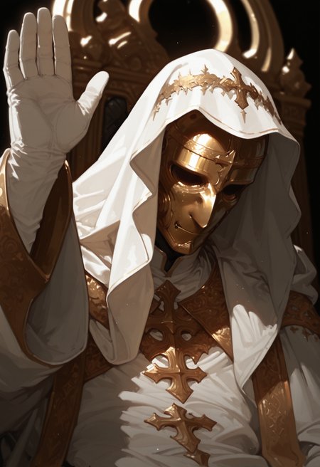 1boy, solo, male focus, robe,, veil, , long sleeves, hood, , hand up,  arm up, jewelry, facing viewer, hood up,,  , wide sleeves, , white robe, black background, white gloves, gold trim, metal full face mask, cleric robe, catholic, throne, sitting on throne,  gold designs, embroidery, face covered, masterwork, masterpiece, best quality, , dynamic pose,,  dynamic angle, , , (realistic:1.2), (lineless:1.2), detailed, <lora:Detailer_NoobAI_Incrs_v1:0.75>, , aged up, adult, depth of field, , blurry, cheekbones, dynamic lighting