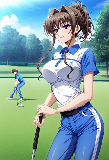 masterpiece, best quality, newest, highres, uncensored, 1girl, yokota mamoru style,1girl,
Yaginuma Shizuka,Brown Hair, Intake Hair, Spiky Bangs,Violet Eyes,Young，slim
Swing on the golf course and enjoy the quiet time,golf,golf suit,day,sunshine,happy,blue jeans