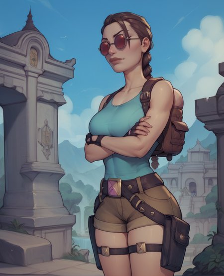 score_9,score_8_up,score_7_up,score_6_up,score_5_up,score_4_up,
laraxl,braid,single braid,sunglasses,
fingerless gloves,short shorts,tank top,backpack,belt,thigh holster,
temple,outdoors,dawn,looking at viewer,
standing,upper body,crossed arms,
<lora:LaraCroftR:0.9>,