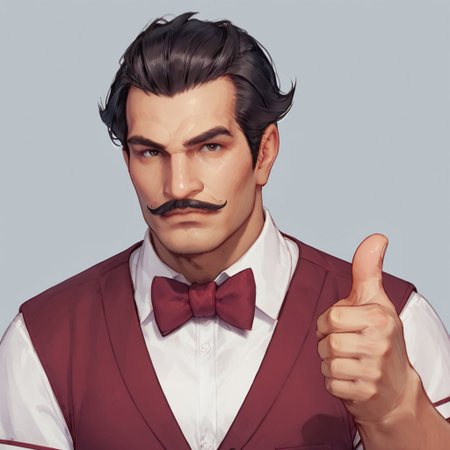 Score_7_up, score_8_up, upper body, solo male, JoFather, mustache, red vest, collared shirt, bowtie, (thumbs up), looking at viewer, simple background,