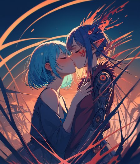 PDXL, <lora:BerryVerrineV1-PDXL:1>, b3rryv3rr1ne, 
2girls, closed eyes, blushing, kissing,
(surreal)