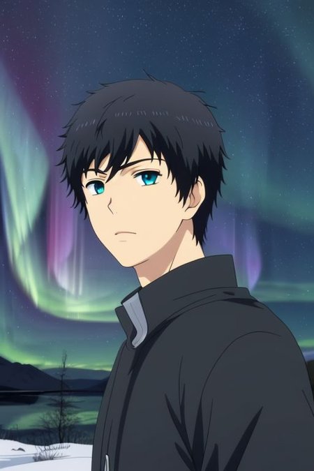 high resolution, solo, best quality, 1Boy, Arata Kaizaki, Portrait, Black Hair, Blue Eyes, winter, Northern Lights, Stargazing, OverallDetail