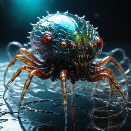 bioengineered glass spider monster, many legs, spindly legs, lots of eyes, (transparency:1.4), (detailed cybernetic implants fused with organic matter), visible organs, visible brain, full body, hundreds of tiny eyes,  (with intensely vibrant swirling colors:1.3), realistic photo,  artialien, looking at viewer